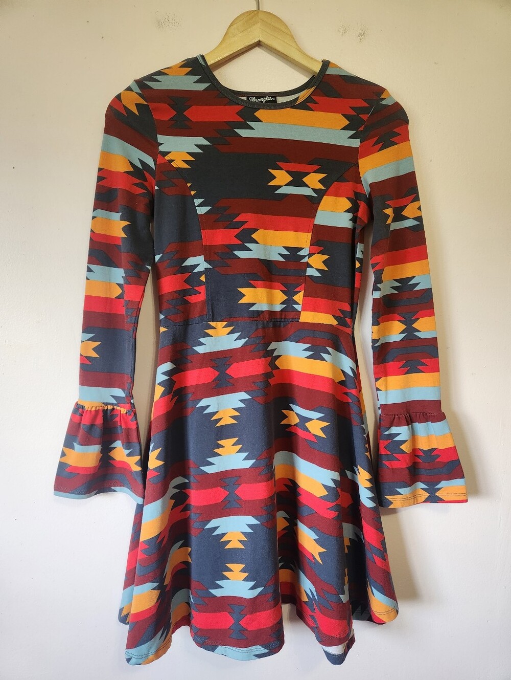 Wrangler Retro Southwestern Geometric Print Bell Sleeve Dress Size XS Aztec 70s
